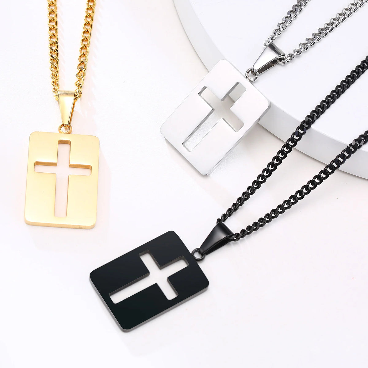 Men Necklaces, Cross Cut Out Pendant, Stainless Steel Small Dog Tag Necklace, Christ Religion Jewelry