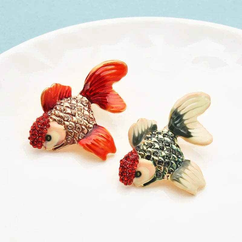 Wuli&baby Wear Red Hat Goldfish Brooches For Women Men New 2-color Rhinestone Enamel Cute Sea Fish Banquet Brooch Pin Gifts