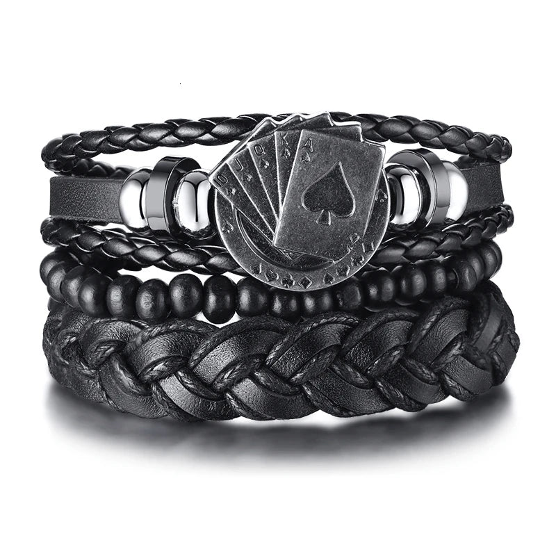 POKER BROWN LEATHER CUFF BRACELET MEN'S MULTILAYER WRAP WRISTBAND FRIENDSHIP VINTAGE BIKER PLAYING CARD POKER BANGLE MEN JEWELRY