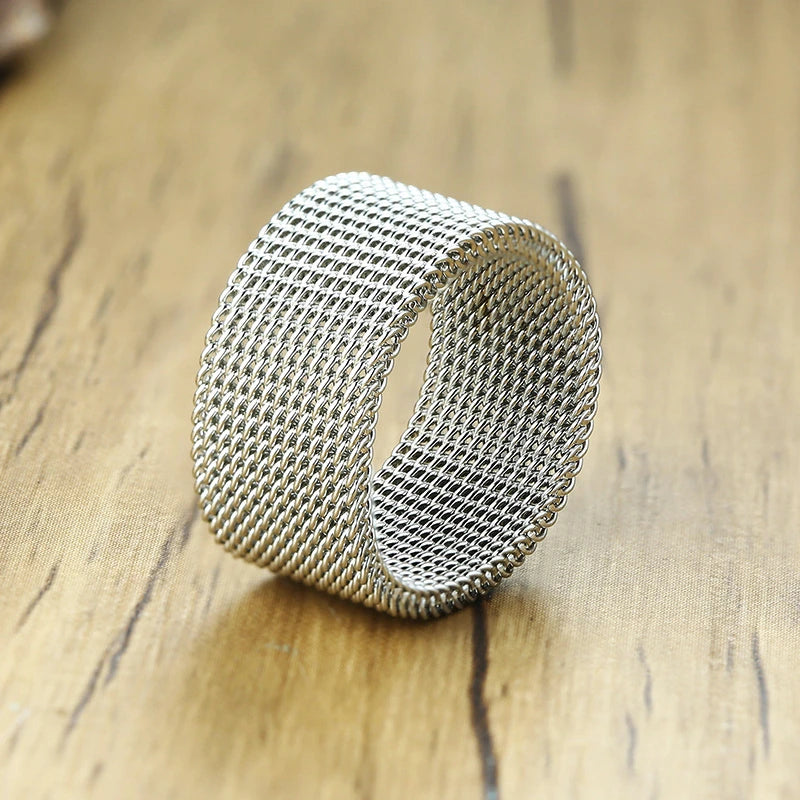 FLEXIBLE STEEL RING MESH FLAT CHAIN BAND RING FOR MEN WOMEN JEWELRY