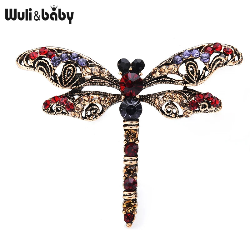 PENDRA Rhinestone Green Red Dragonfly Brooch