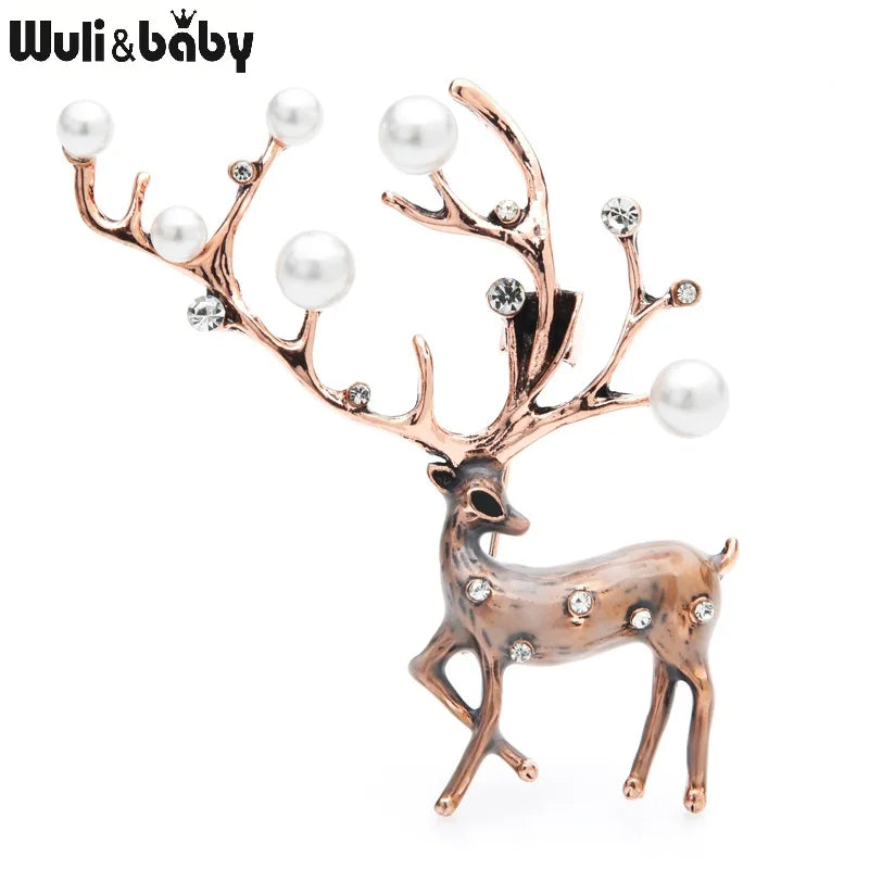 Wuli&baby Red Brown Enamel Deer Brooches Women Alloy Pearl Elk Animal Brooch Pins Gifts