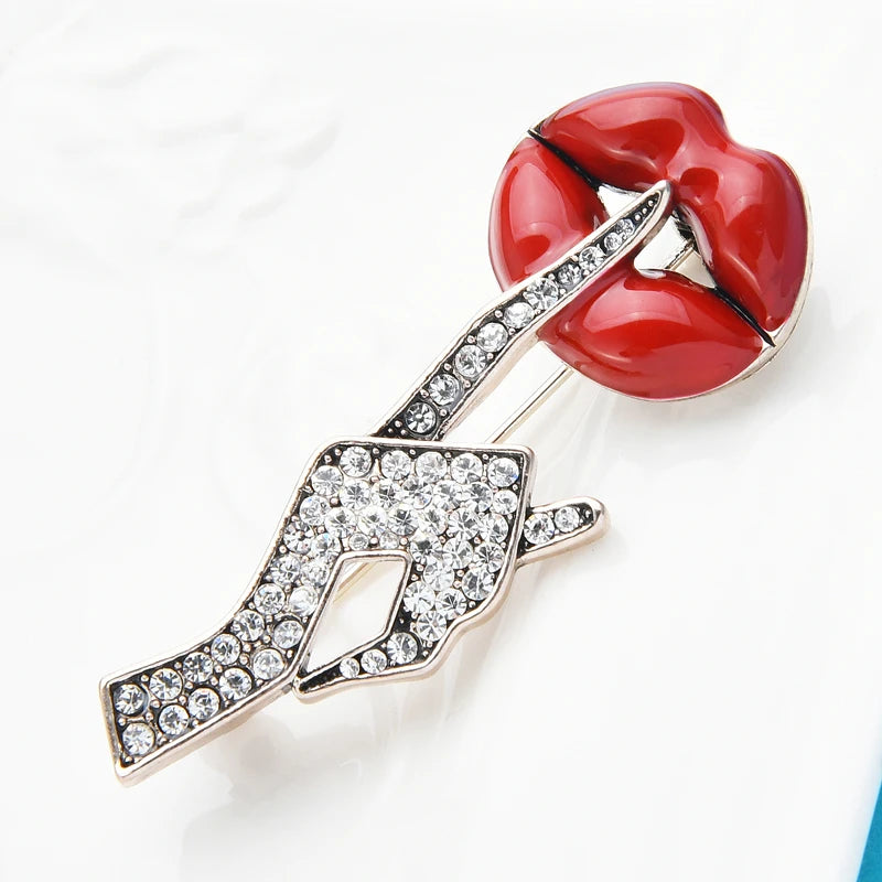 PENDRA Crystal Women Hand Gesture Red Enamel Lip Brooch
