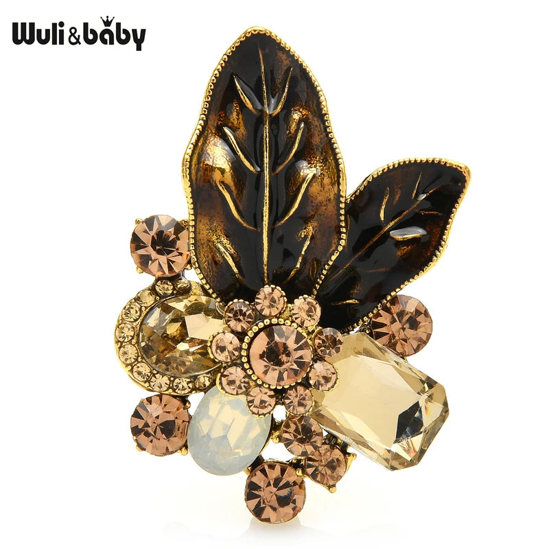 PENDRA Verdelle Green-Brown Rhinestone Flower Brooch