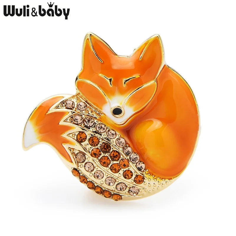 Wuli&baby Sleeping Fox Brooches 6 Colors Enamel Body Full Rhinestone Sparklin Tail Fox Pins Cute Animal Badge New Year Gift 2021
