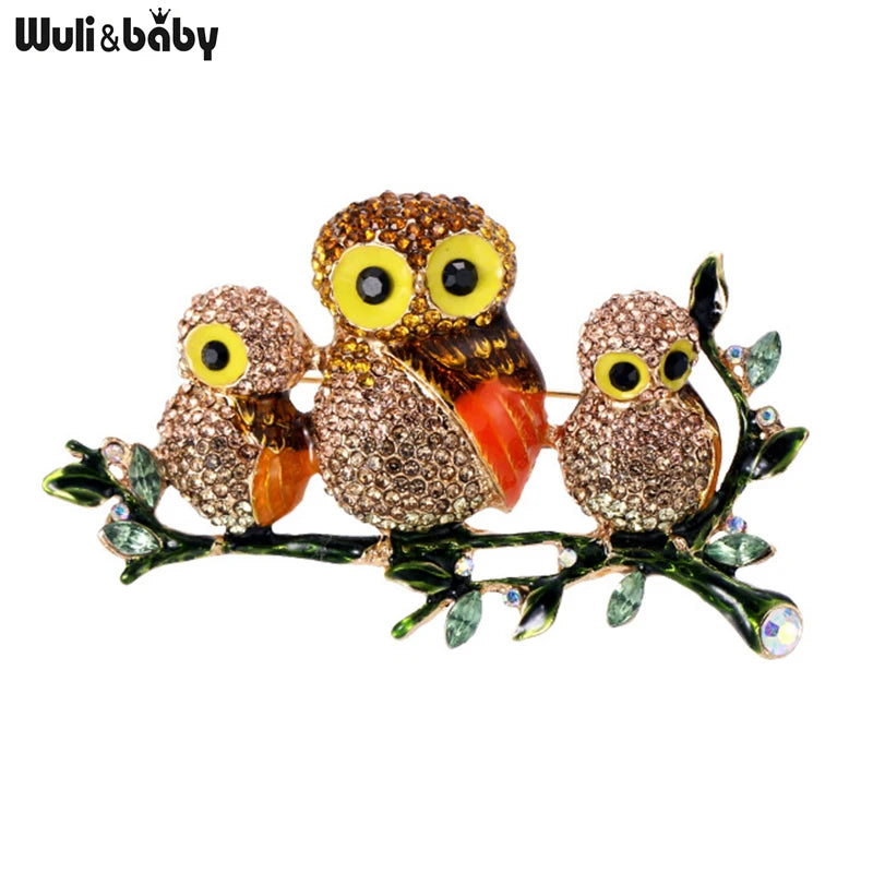 Wuli&baby Rhinestone Family Owls Brooches For Women Fashion Stand Branch Bird Party Office Brooch Pin Gifts