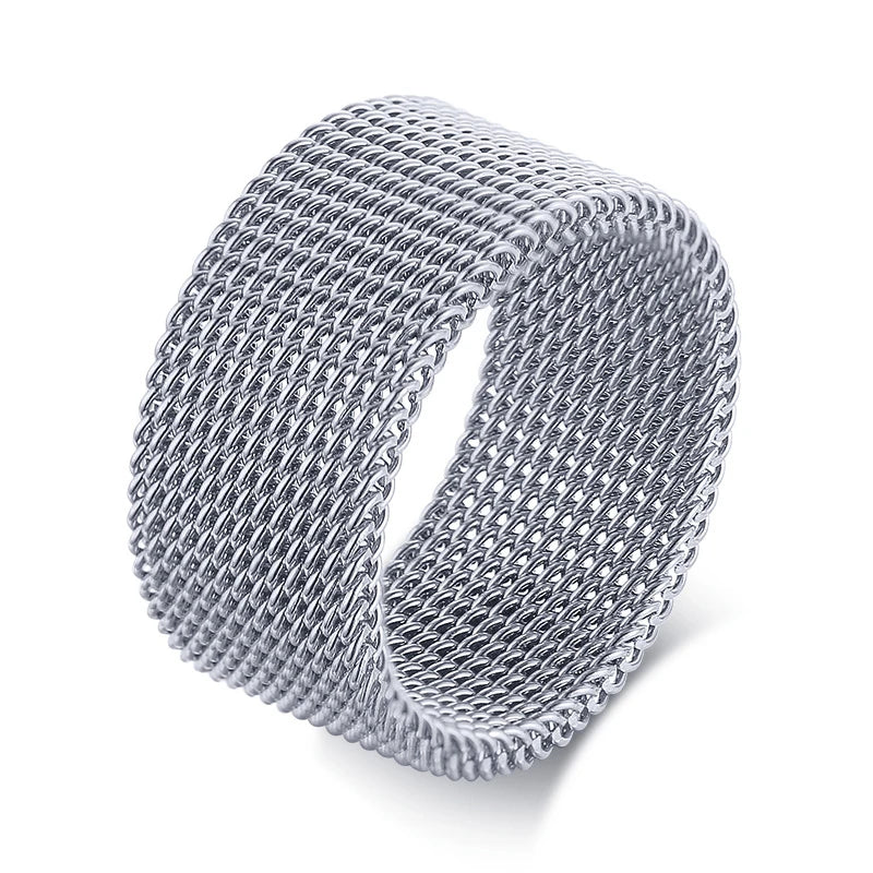 FLEXIBLE STEEL RING MESH FLAT CHAIN BAND RING FOR MEN WOMEN JEWELRY