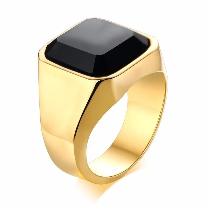 Man Ring Black Carnelian Signet Rings Stainless Steel Square Pinky Rings Gents Wealth And Rich Status Jewelry
