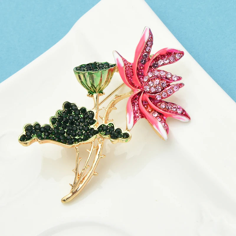 PENDRA Lotuselle Pink Enamel Lotus Flower Brooch