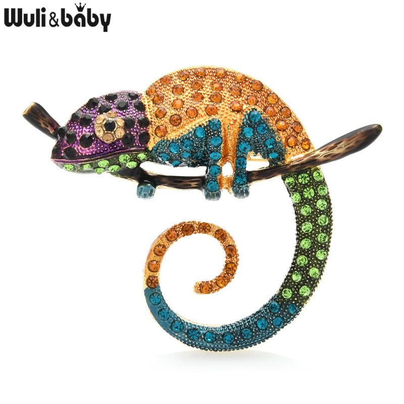 PENDRA Chameleon Lizard Multicolor Rhinestone Brooch