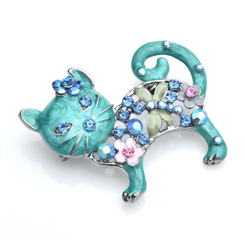 Wuli&baby Lovely Enamel Cat Brooches Women Metal Rhinestone Flower Animal Casual Brooch Pins Gifts