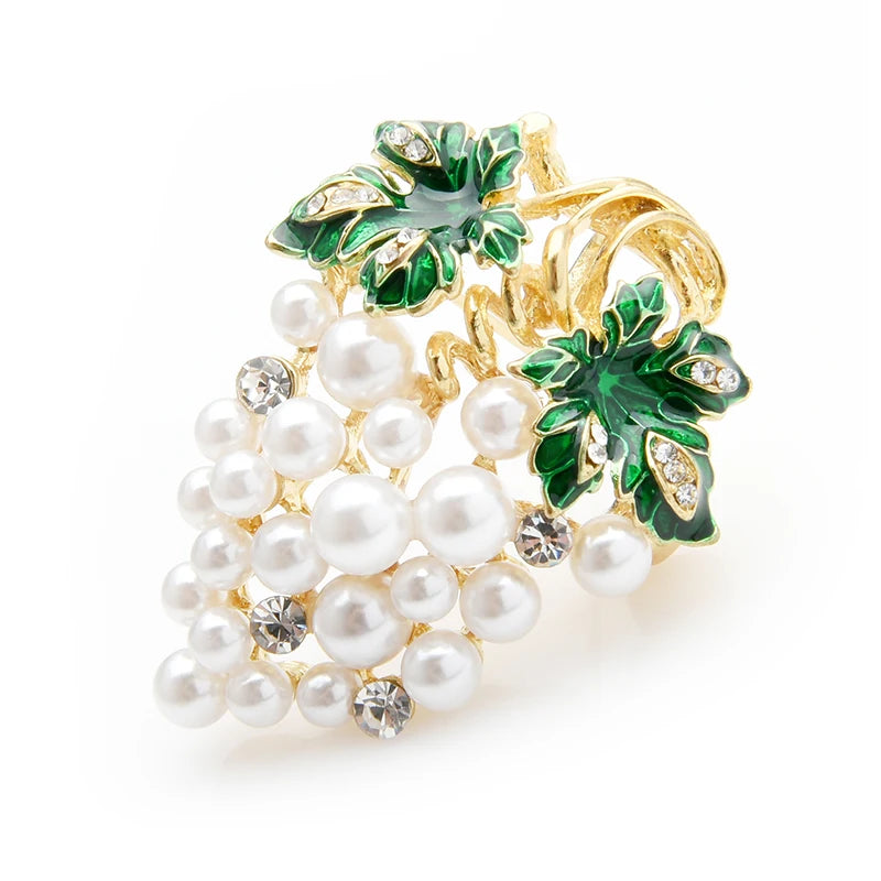 PENDRA Vinetta Full-White-Pearl Enamel Grape Brooch