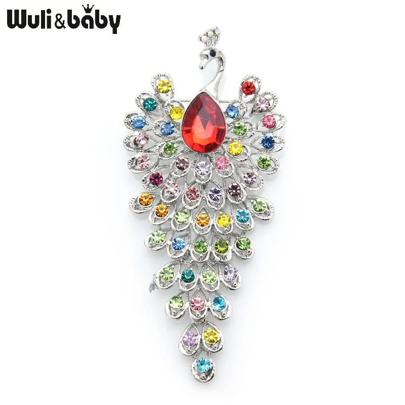 PENDRA Grand Peacock Rhinestone Bird Brooch