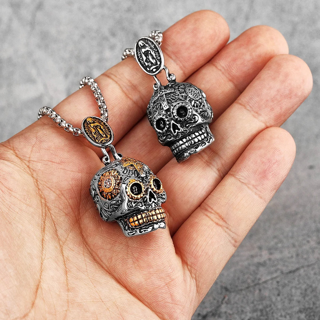 PENDRA Steampunk Cross Skull Steel Necklace