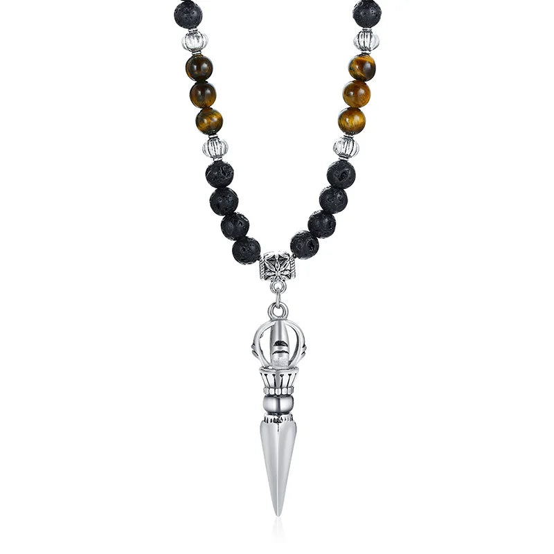 TIBETAN BUDDHIST PHURBA KILAYA THE MAGIC KNIFE WITH TIGER’S EYE LAVA STONE NECKLACE FOR MEN JEWELRY