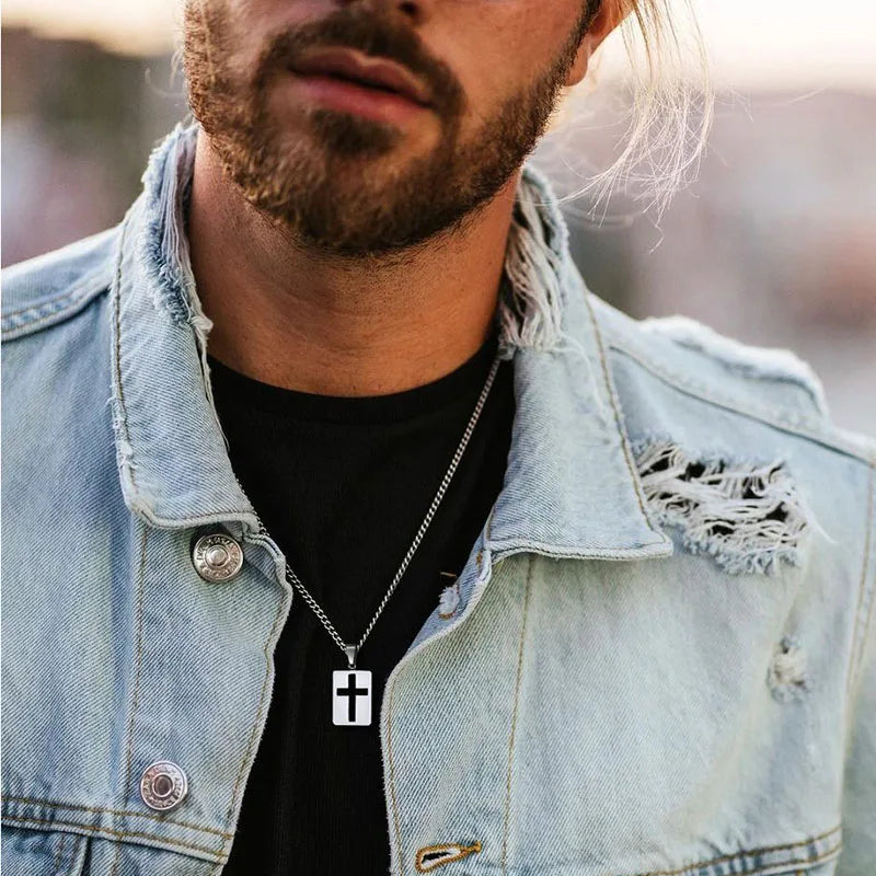 Men Necklaces, Cross Cut Out Pendant, Stainless Steel Small Dog Tag Necklace, Christ Religion Jewelry