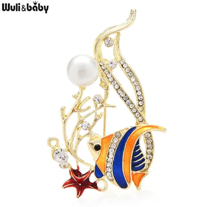 PENDRA Pearl Enamel Fish Brooch