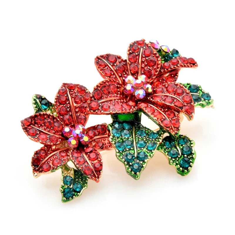 PENDRA Scarlet Red Rhinestone Alloy Flower Brooch