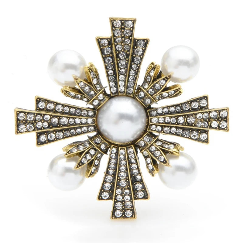 PENDRA Pearl Cross Vintage Rhinestone Brooch