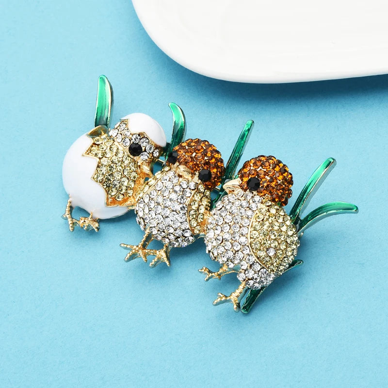 Wuli&baby 3 Full Sparkling Rhinestone Chick Brooch Pins Enamel Green Grass  Cute Little Bird Brooches For Women Gift