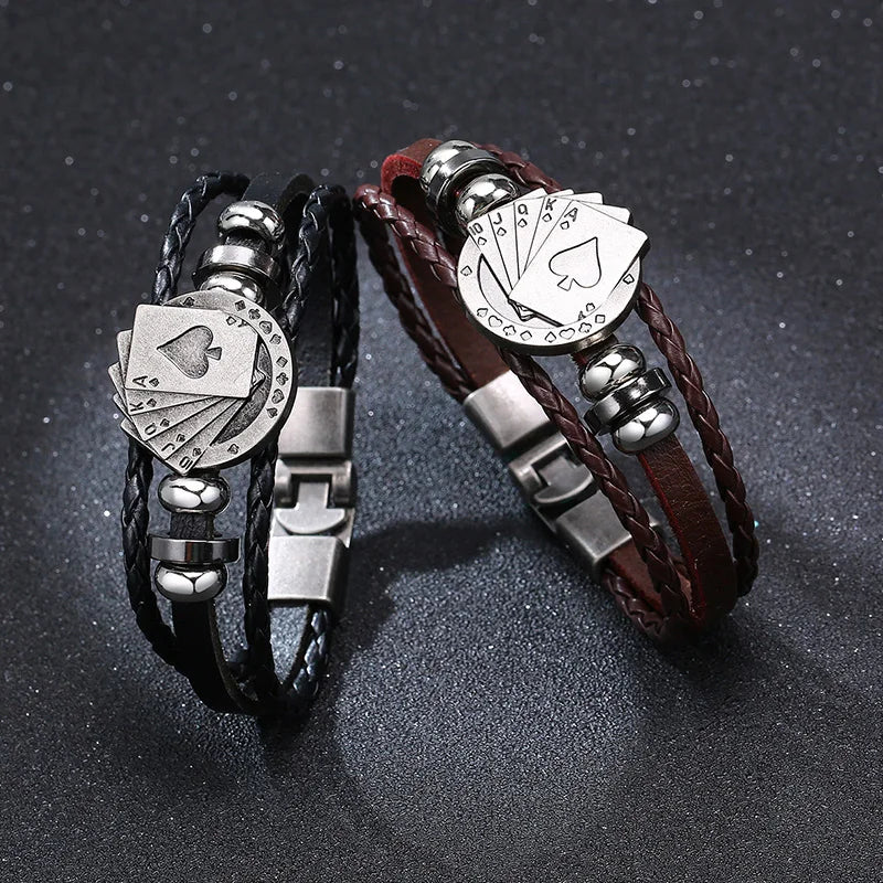 POKER BROWN LEATHER CUFF BRACELET MEN'S MULTILAYER WRAP WRISTBAND FRIENDSHIP VINTAGE BIKER PLAYING CARD POKER BANGLE MEN JEWELRY