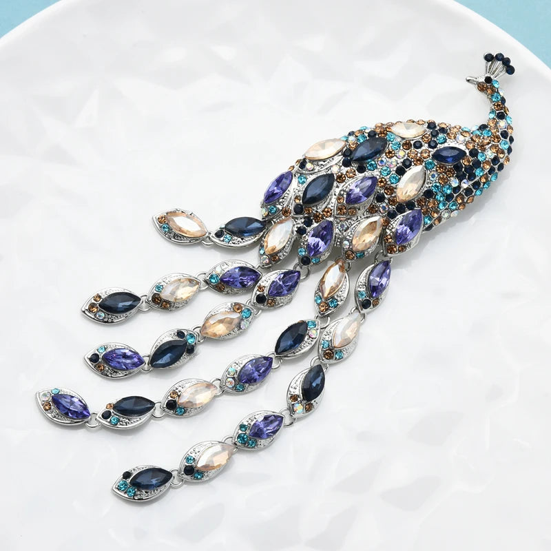 PENDRA Plume Rhinestone Tassel Peacock Brooch