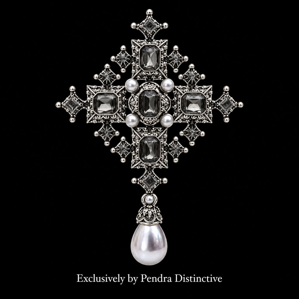 PENDRA Royal Cross Vintage Crystal Pearl Brooch