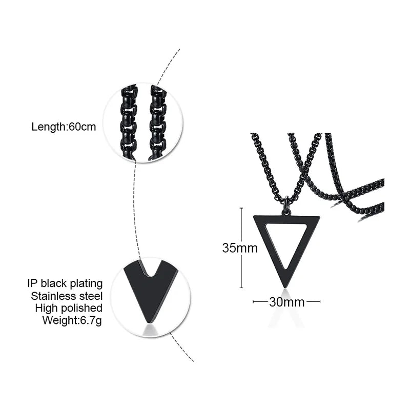 BLACK TRIANGLE NECKLACE FOR MEN STAINLESS STEEL CHAIN MENS GEOMETRIC PENDANT NECK JEWELRY