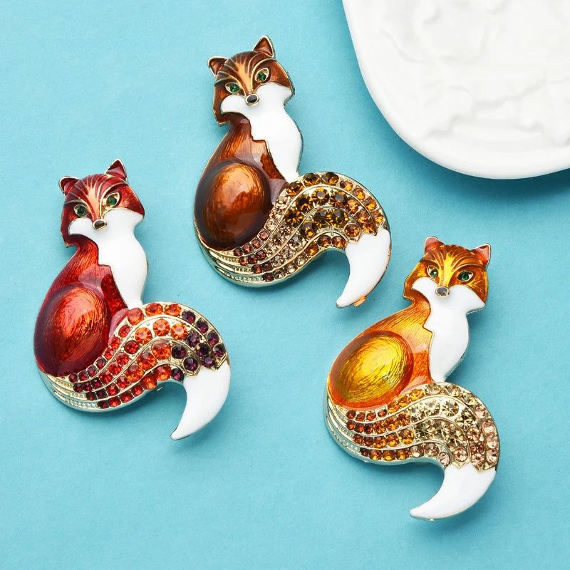PENDRA Rhinestone Tail Fox Enamel Brooch