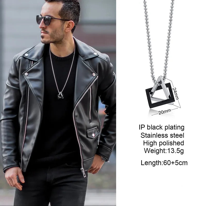 Popular Men Necklace,Interlocking Square Triangle Male Pendant,Stainless Steel Modern Trendy Geometric Necklaces,Hipster Jewelry