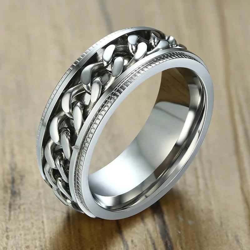 Men's Cuba Chain Spinner Ring  8mm Stainless Steel Wedding Band Silver Color Reliever Worry Rings Men Jewelry