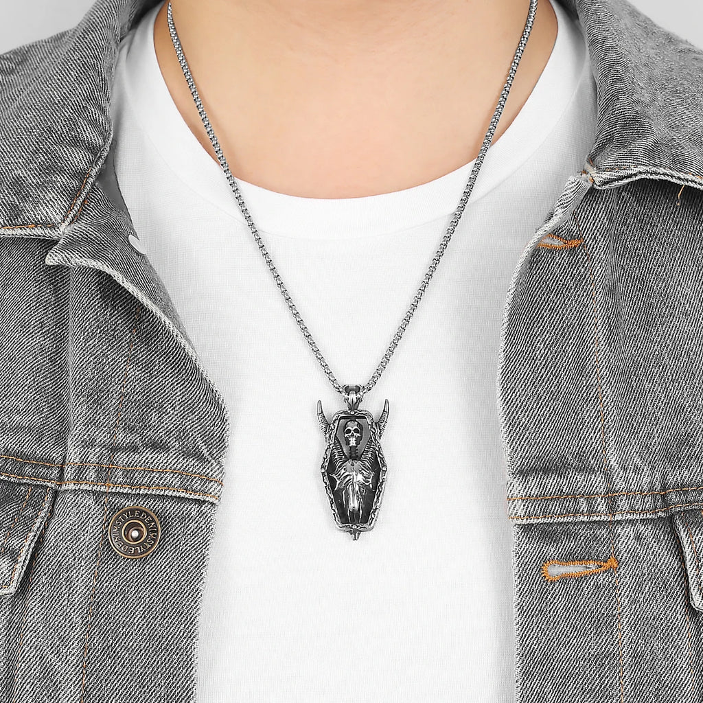 PENDRA Horned Demon Skull Steel Necklace