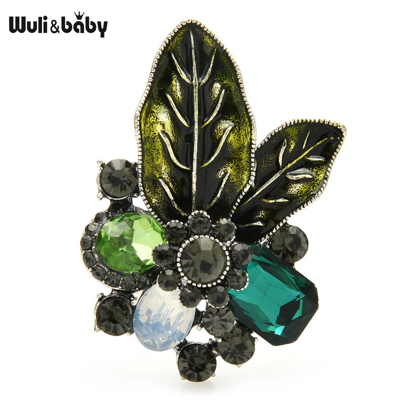PENDRA Verdelle Green-Brown Rhinestone Flower Brooch
