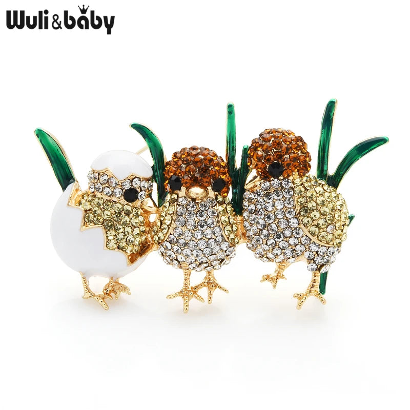 Wuli&baby 3 Full Sparkling Rhinestone Chick Brooch Pins Enamel Green Grass  Cute Little Bird Brooches For Women Gift