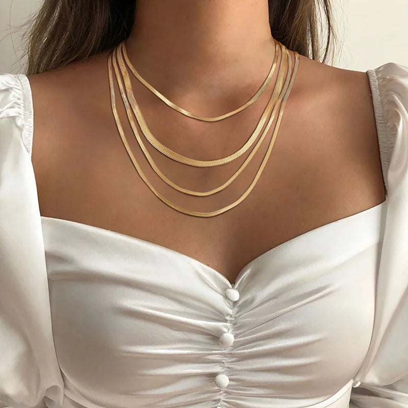 Snake Necklace Men,Gold Color Flat Snakes Chain Necklaces Layering Simple Herringbon Link Choker Men Women Jewelry 38cm - 60cm