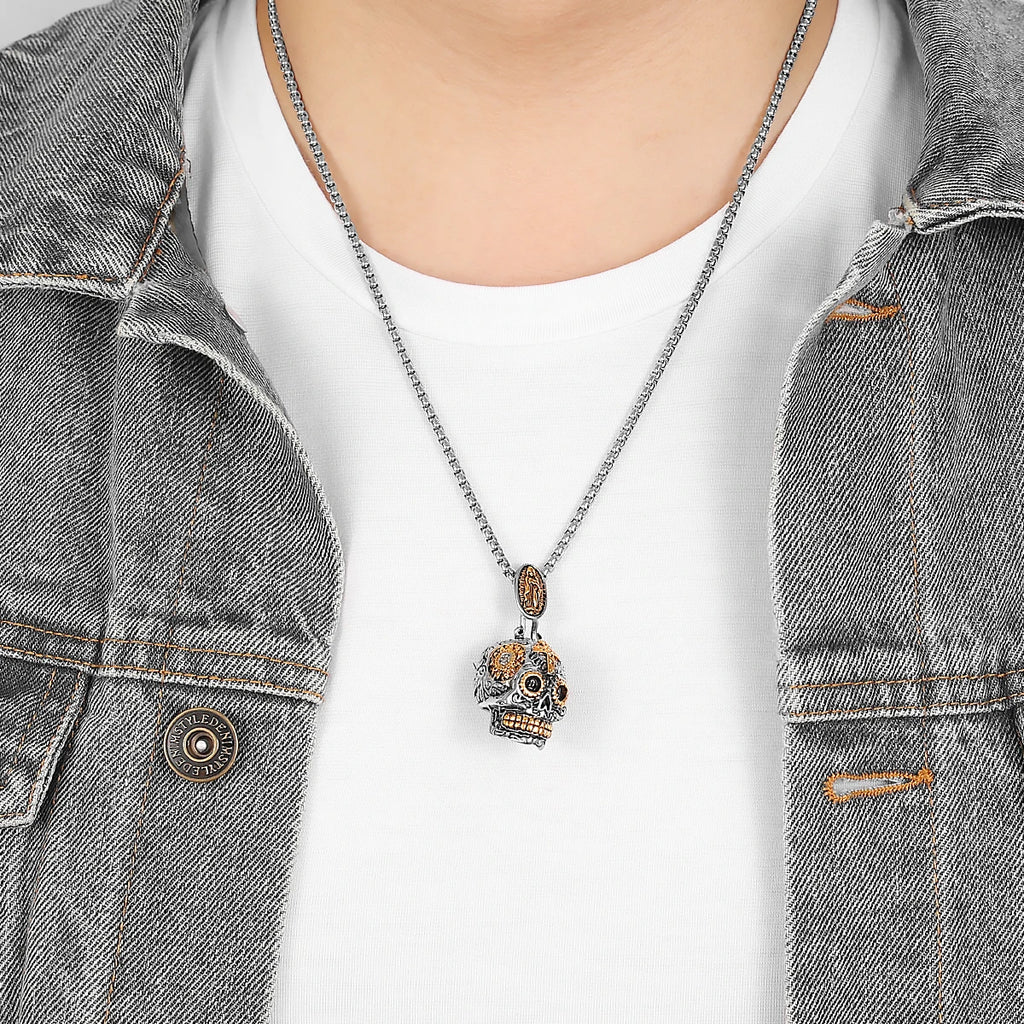 PENDRA Steampunk Cross Skull Steel Necklace