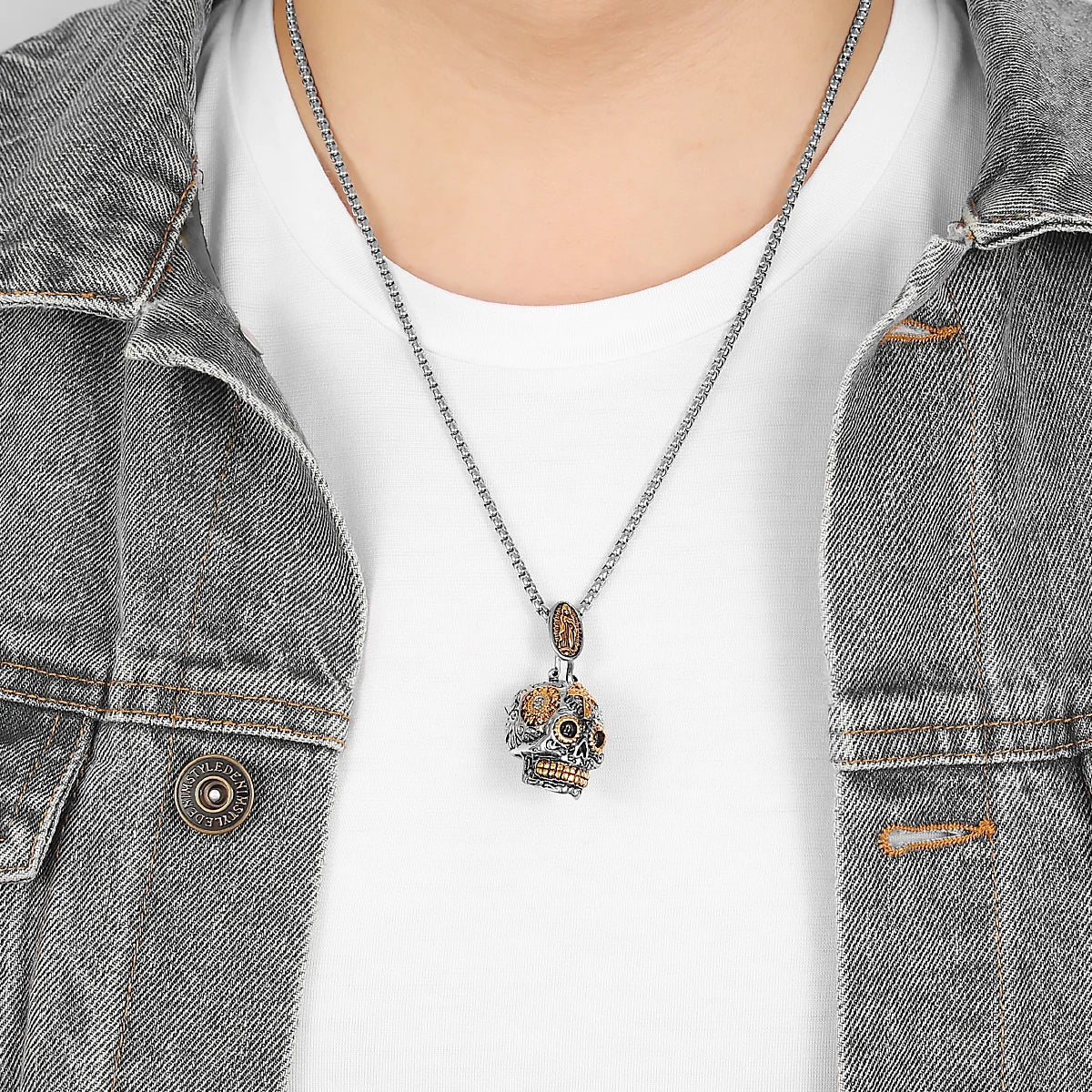 PENDRA Steampunk Cross Skull Steel Necklace