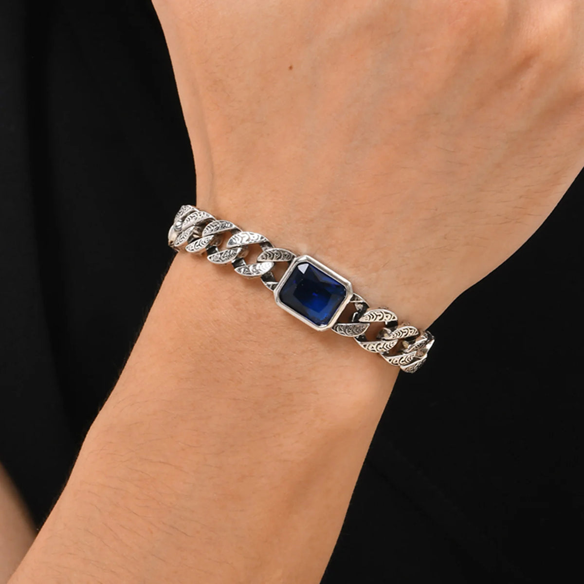 Chunky Cuban Chain Bracelets for Men Boys,Embossed Stainless Steel Chain Link Wristband with Blue Stone,Retro Jewelry Gift