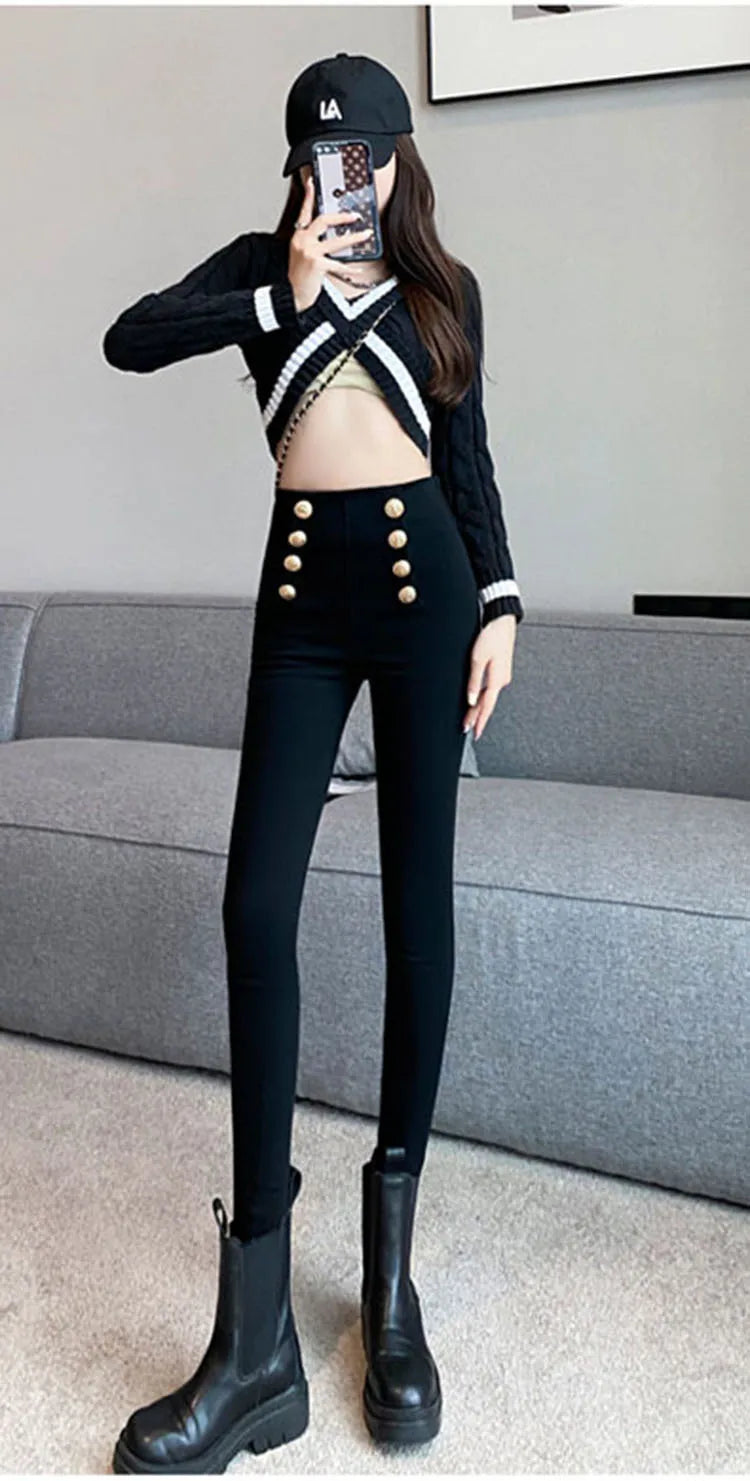 Fashion Women's Trousers 2023 Autumn New High-elastic Double-breasted Tight-fitting High-waisted Slimming Pants Women's Pants