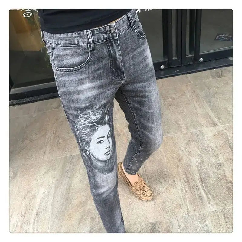 High Quality Stylish Low Rise Men's Designer Clothes New Blue Embroidered Jeans for Men Slim Kpop Style Students Cowboy Pants