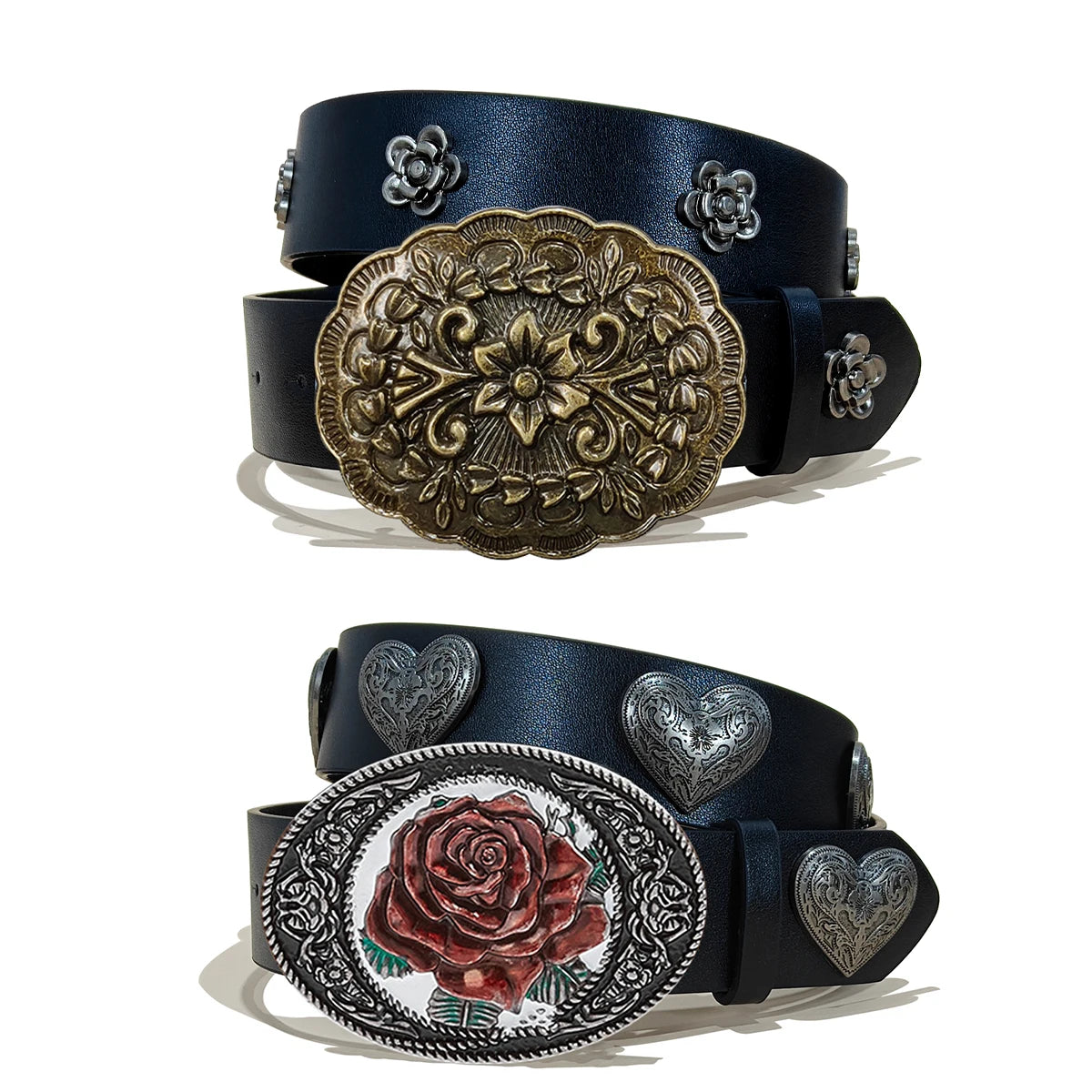 Vintage Carved Gemstone Buckle Floral Rivet Waist Belt For Ladies Daily Wear Y2k Punk Belt Sweet Cool Hot Girl Jeans Waistband