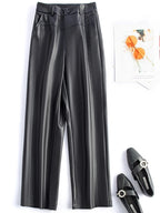 2025 autumn and winter new style leather pants elastic high waisted slim fit commute straight leg pants for women