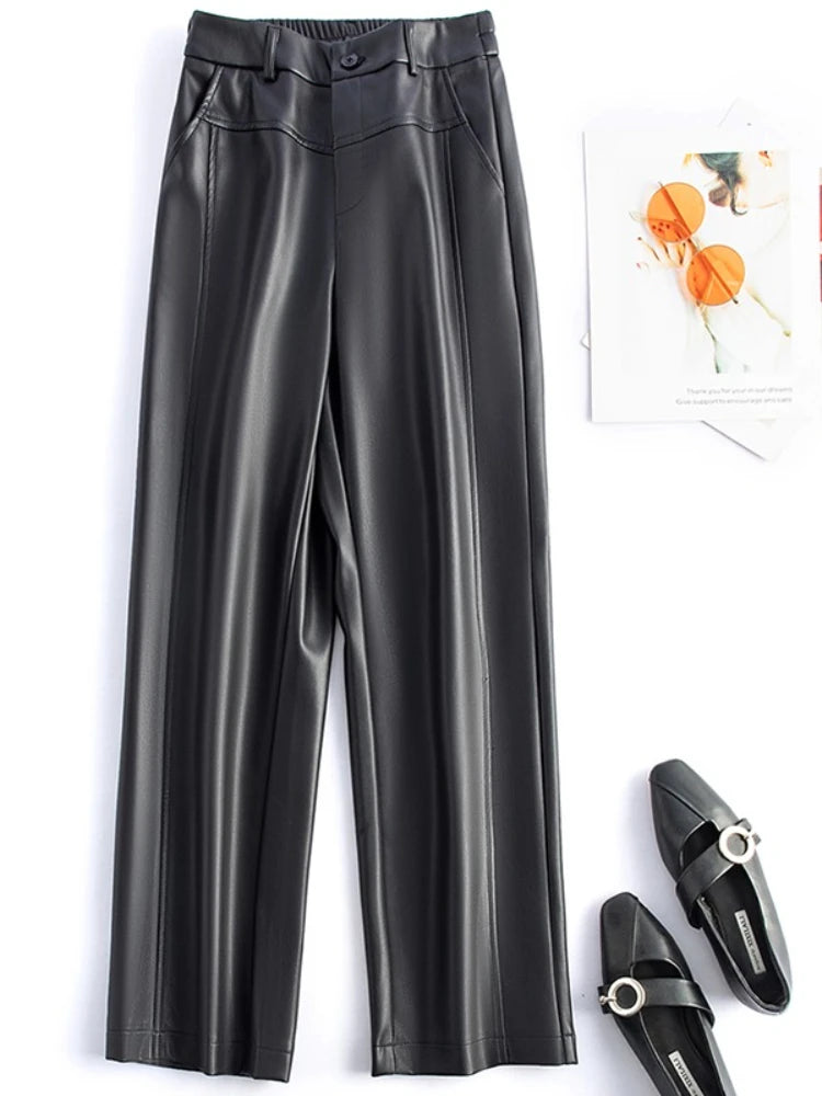 2025 autumn and winter new style leather pants elastic high waisted slim fit commute straight leg pants for women