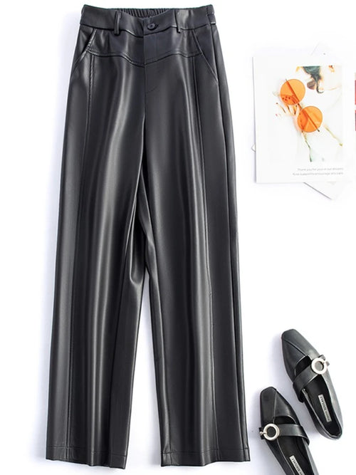 2025 autumn and winter new style leather pants elastic high waisted slim fit commute straight leg pants for women