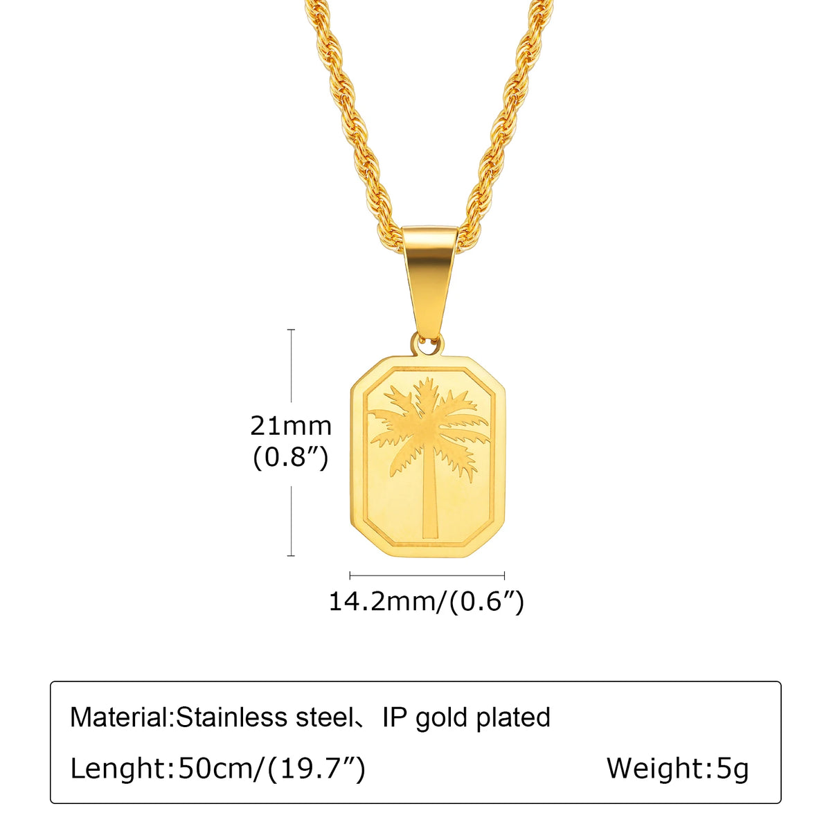 Hawaiian Tree Necklaces for Men,Stainless Steel Palm Trees Square Pendant Necklaces.Chic Stylish Jewelry Gift
