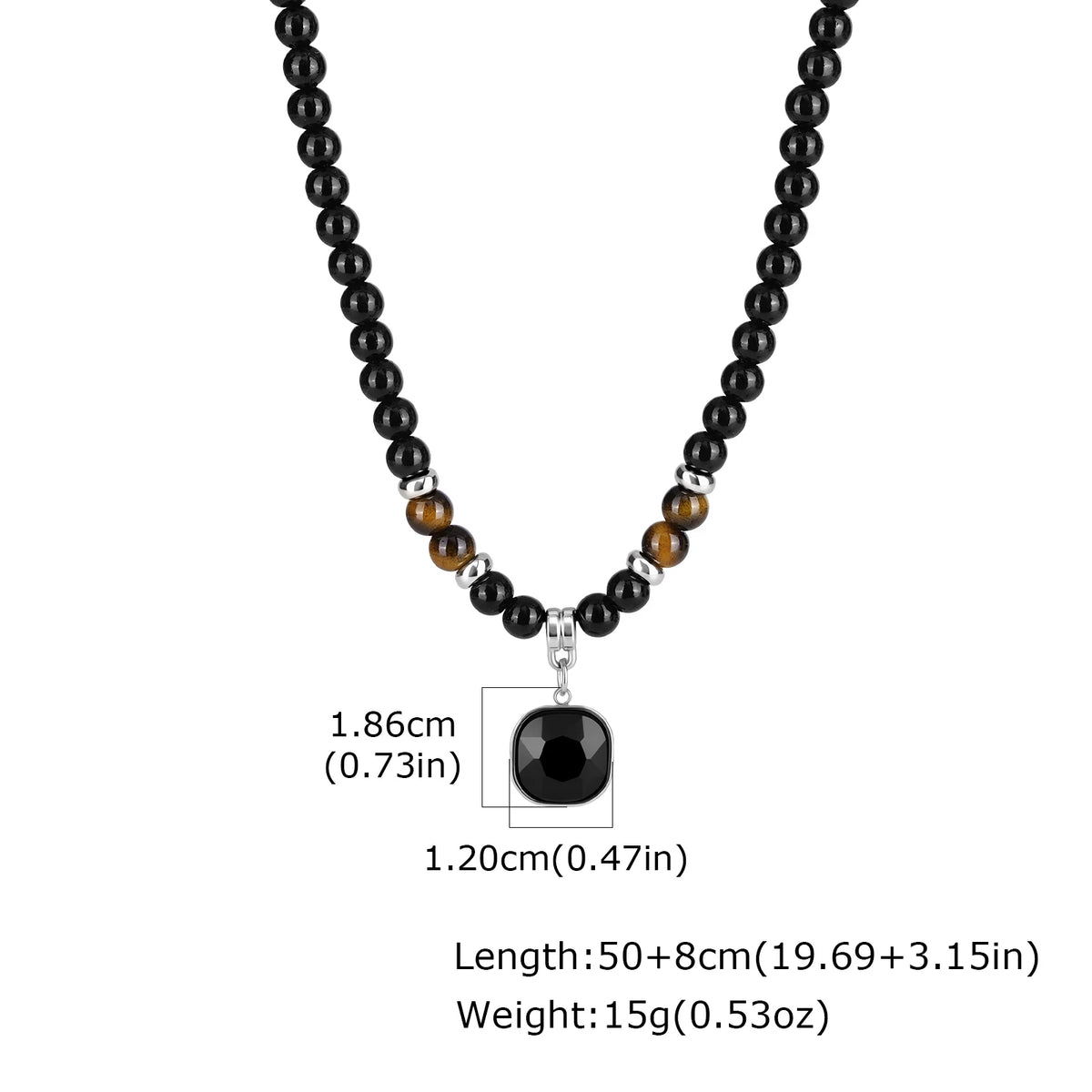 Men Beaded Pendant Necklace,Gemstone Tiger Eye Round Beads With Black Glass Square Pendant, Punk Boho Jewelry Gift for Boyfriend