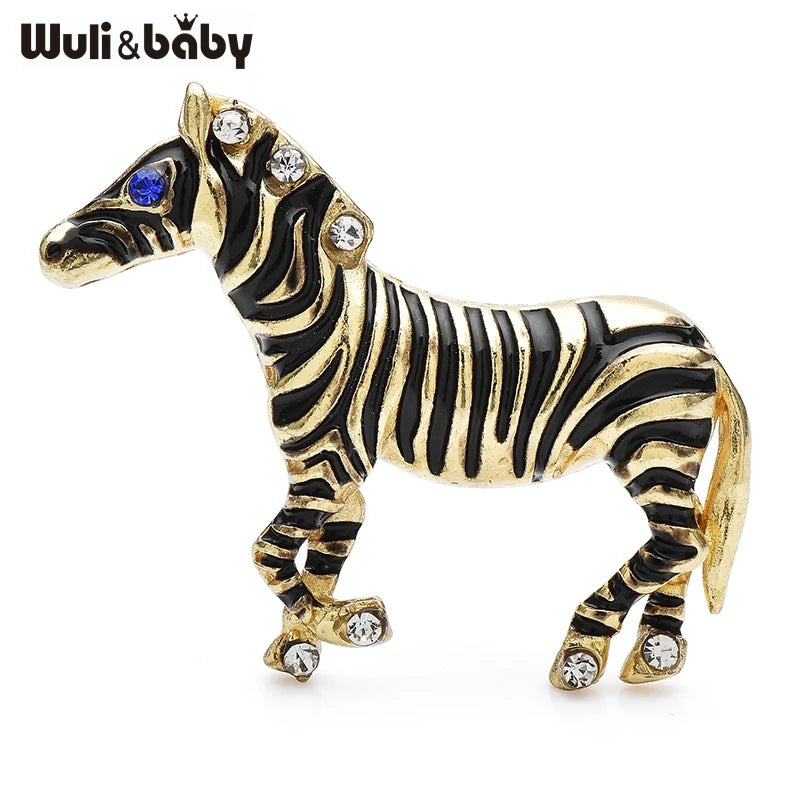 Wuli&baby Enamel Zebra Blue Crystal Eye Horse Brooches Animal Jewelry Accessory Pins Gift Metal Badge