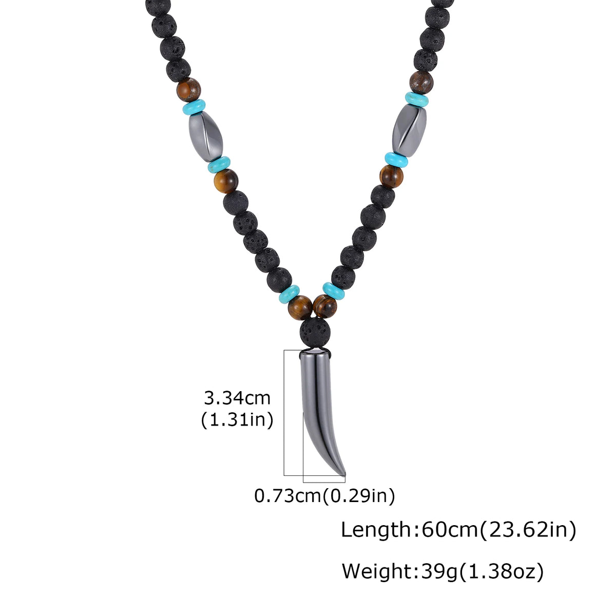 Punk Natural Stone Wolf's Tooth Necklace for Men,Healing Tiger Eye Hematite Pendant Necklace,Vintage Ethnic Jewelry