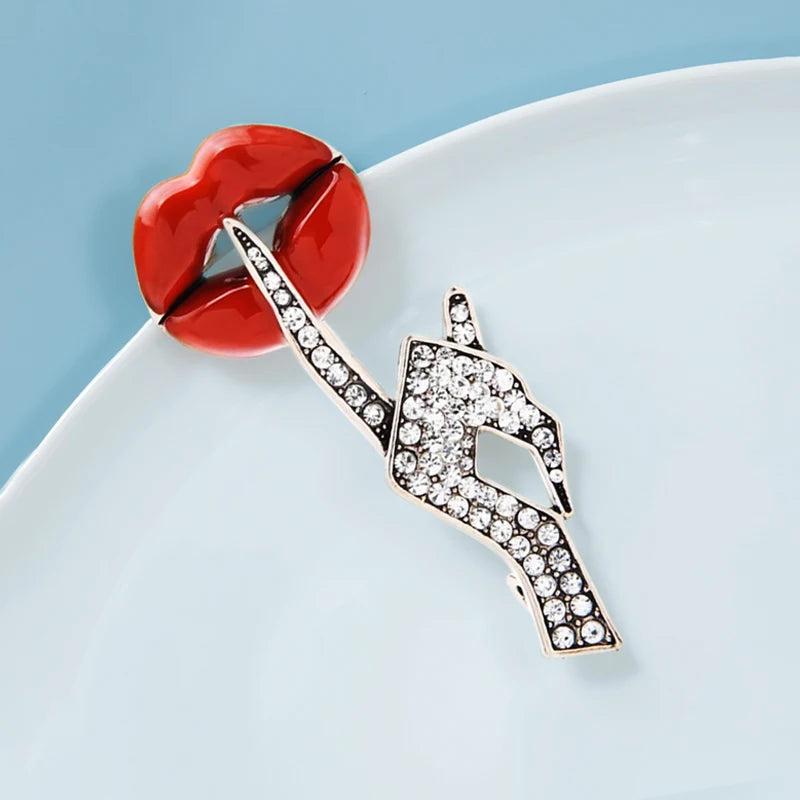 Wuli&baby Crystal Women Hand Gesture Red Enamel Lip Brooch Pin Jewelry Gift