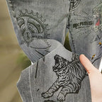 Spring and Autumn 2025 New Men's Jeans Gray Trendy Tiger Head Hot Diamond Printing Slim-fit Small Feet Trousers Men's Clothing